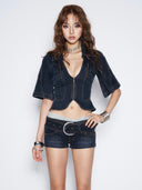 Lace-Waist Cinch Denim Shorts