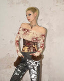 Printed Off-Shoulder Mesh T-shirt image 5