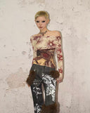Printed Off-Shoulder Mesh T-shirt image 8