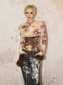 Printed Off-Shoulder Mesh T-shirt image 0