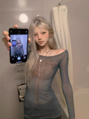 Gray-blue mesh print base layer image 1